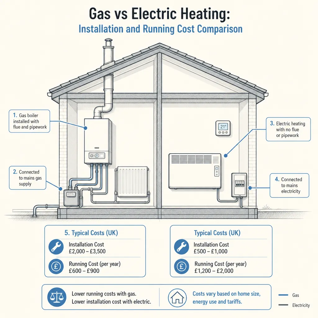 Diagram illustrating: Gas vs Electric Heating: Installation and Running Cost Comparison