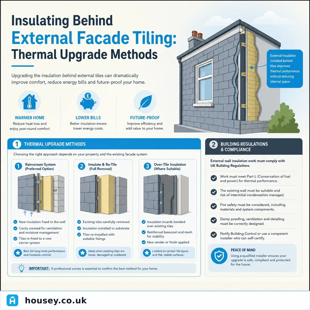 Infographic illustrating: Insulating Behind External Facade Tiling: Thermal Upgrade Methods