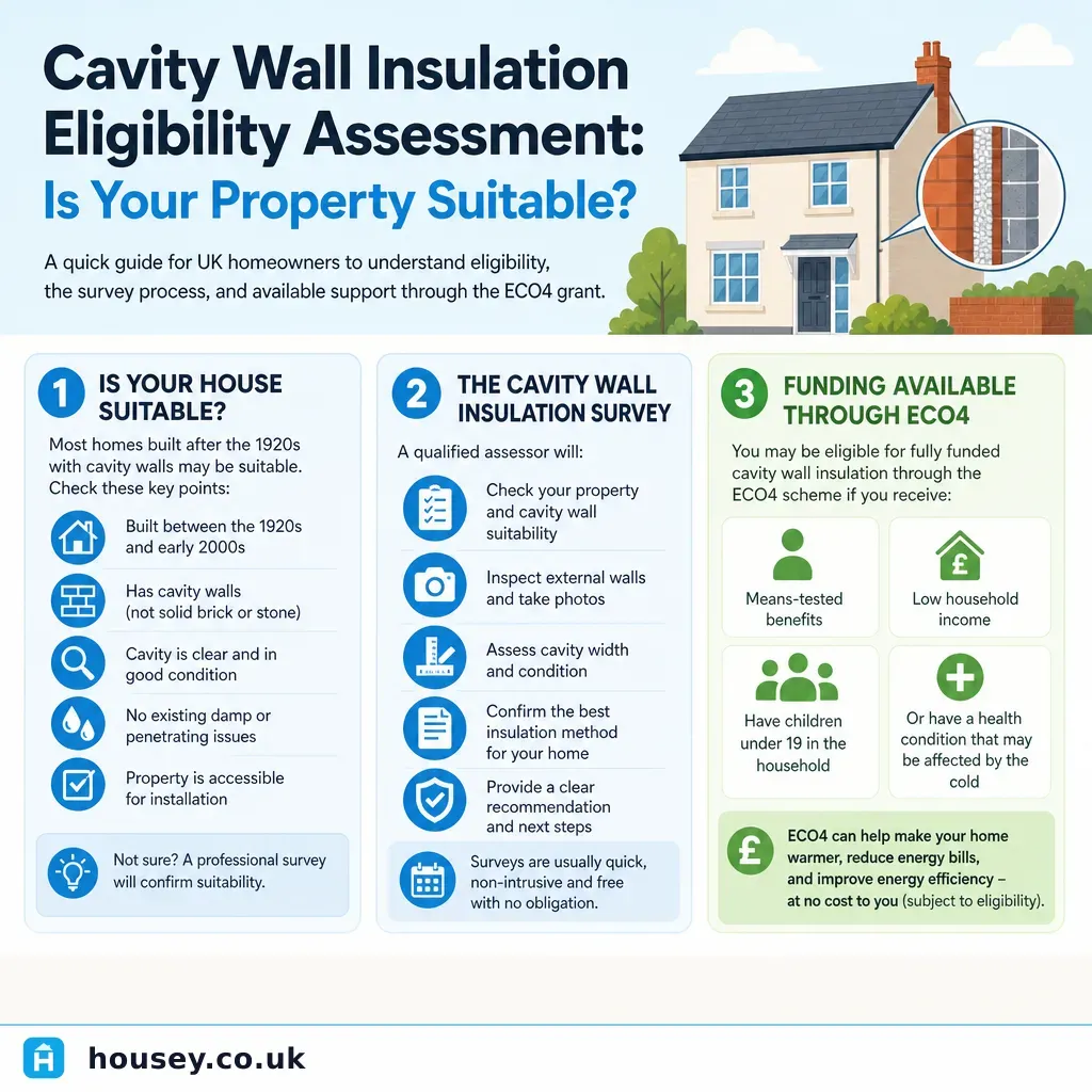 Infographic illustrating: Cavity Wall Insulation Eligibility Assessment: Is Your Property Suitable?