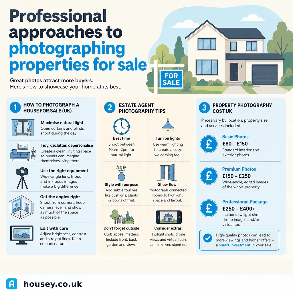 Infographic illustrating: Professional approaches to photographing properties for sale