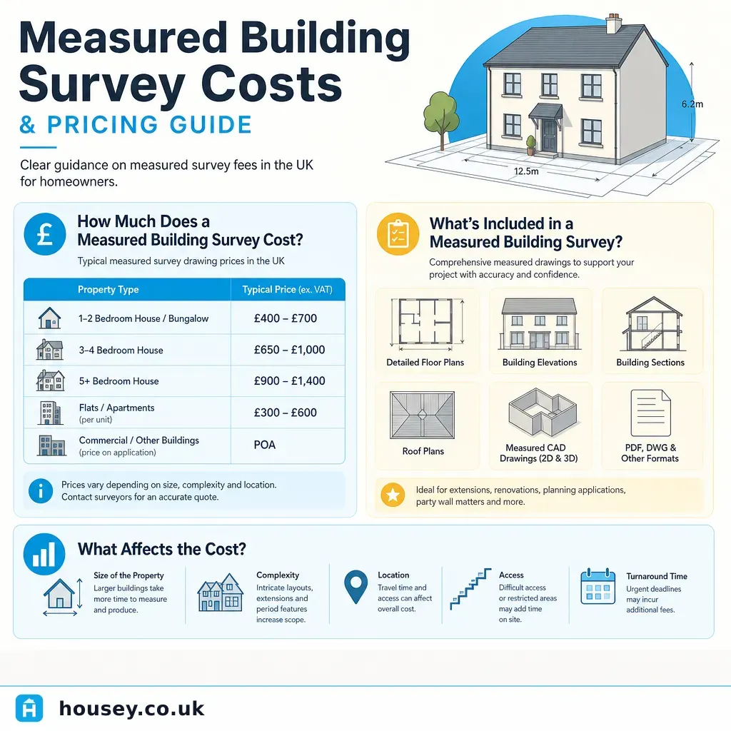 Infographic illustrating: Measured Building Survey Costs and Pricing Guide