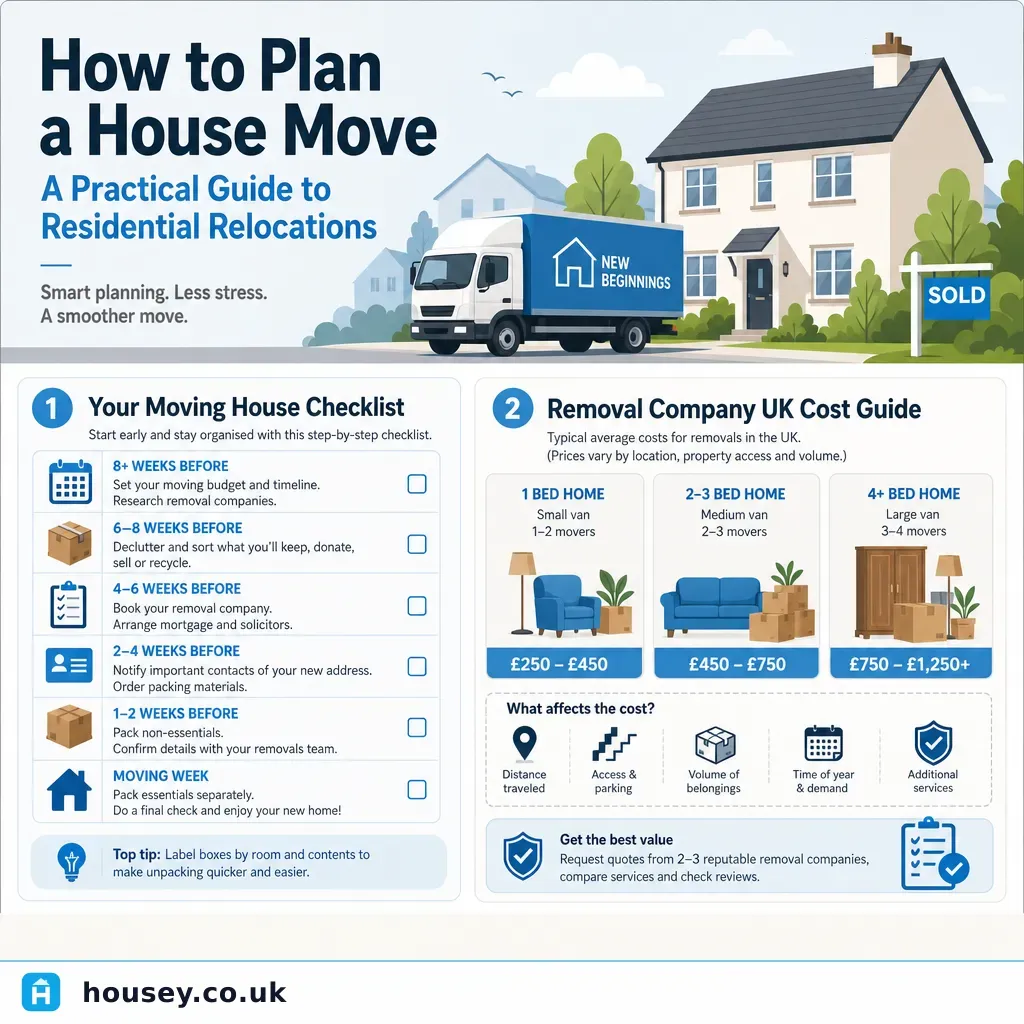 Infographic illustrating: How to Plan a House Move: A Practical Guide to Residential Relocations