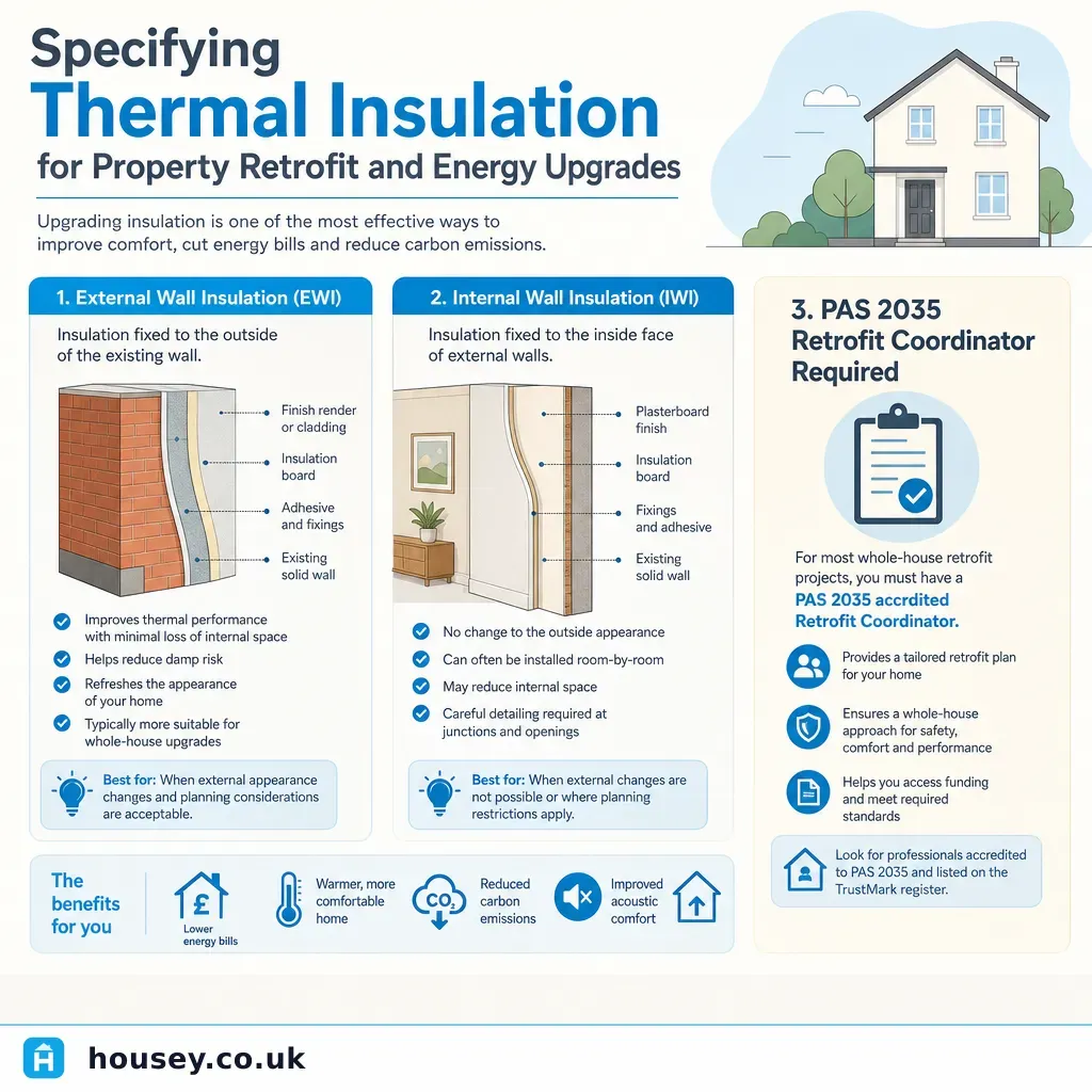 Infographic illustrating: Specifying Thermal Insulation for Property Retrofit and Energy Upgrades