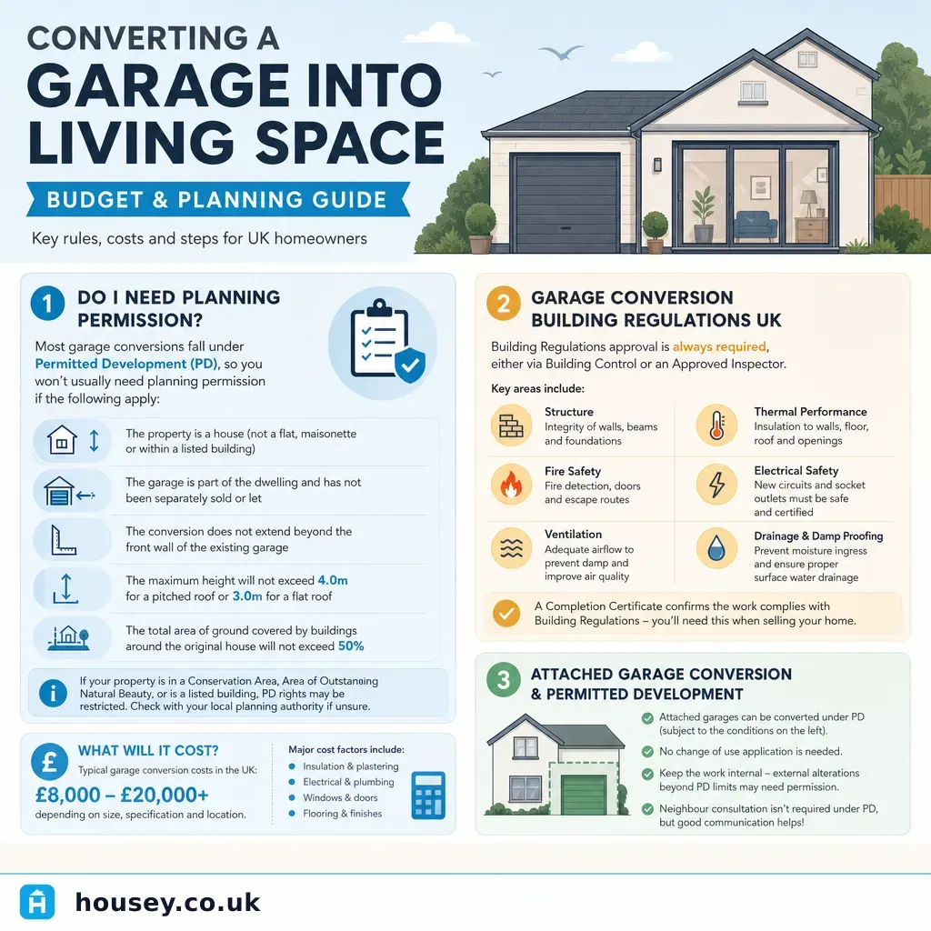 Infographic illustrating: Converting a Garage into Living Space: Budget and Planning Guide