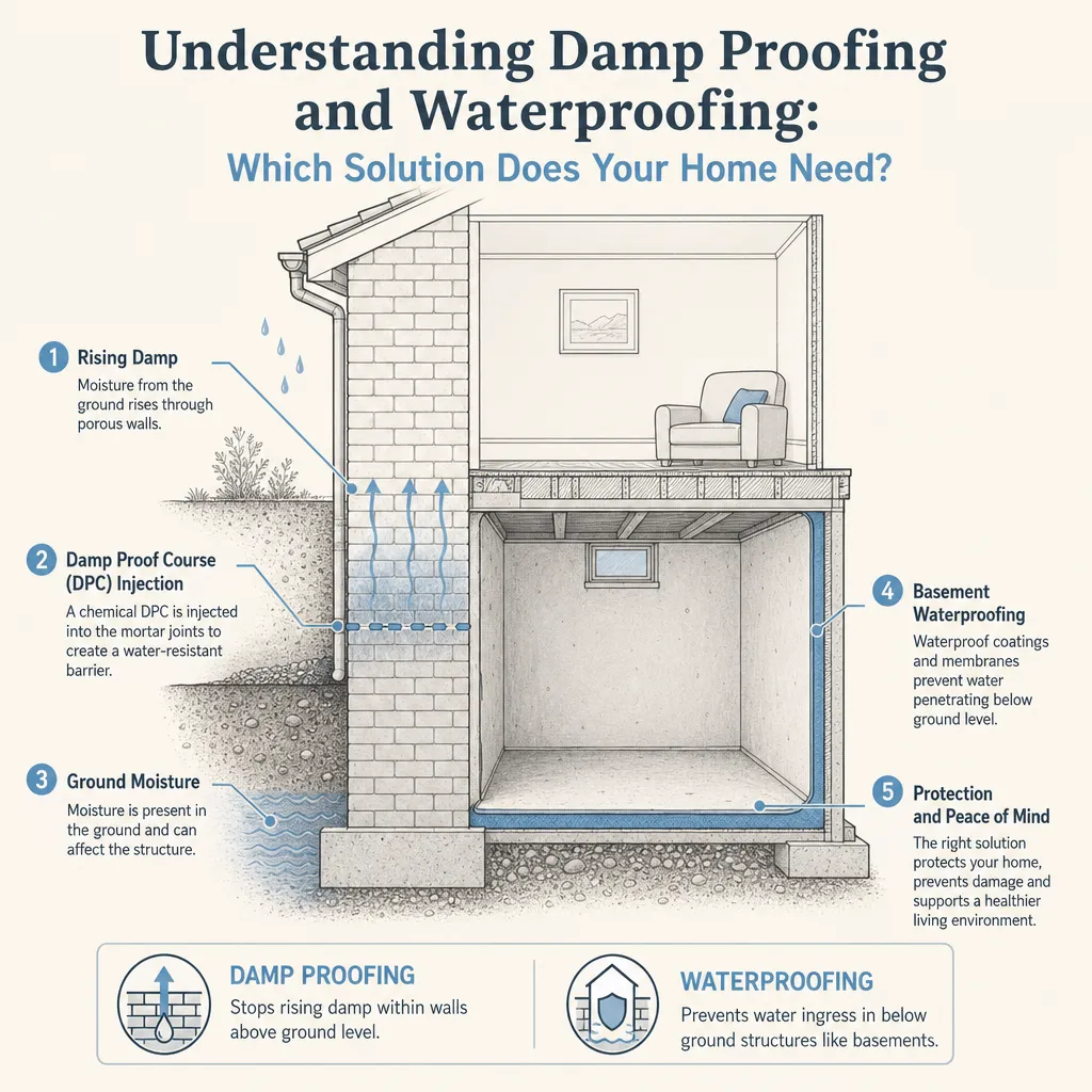 Diagram illustrating: Understanding Damp Proofing and Waterproofing: Which Solution Does Your Home Need?