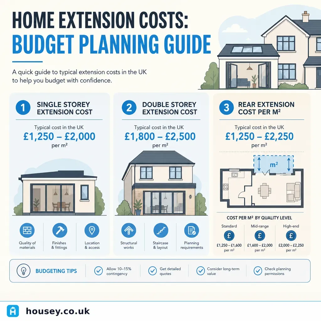 Infographic illustrating: Home Extension Costs: Budget Planning Guide