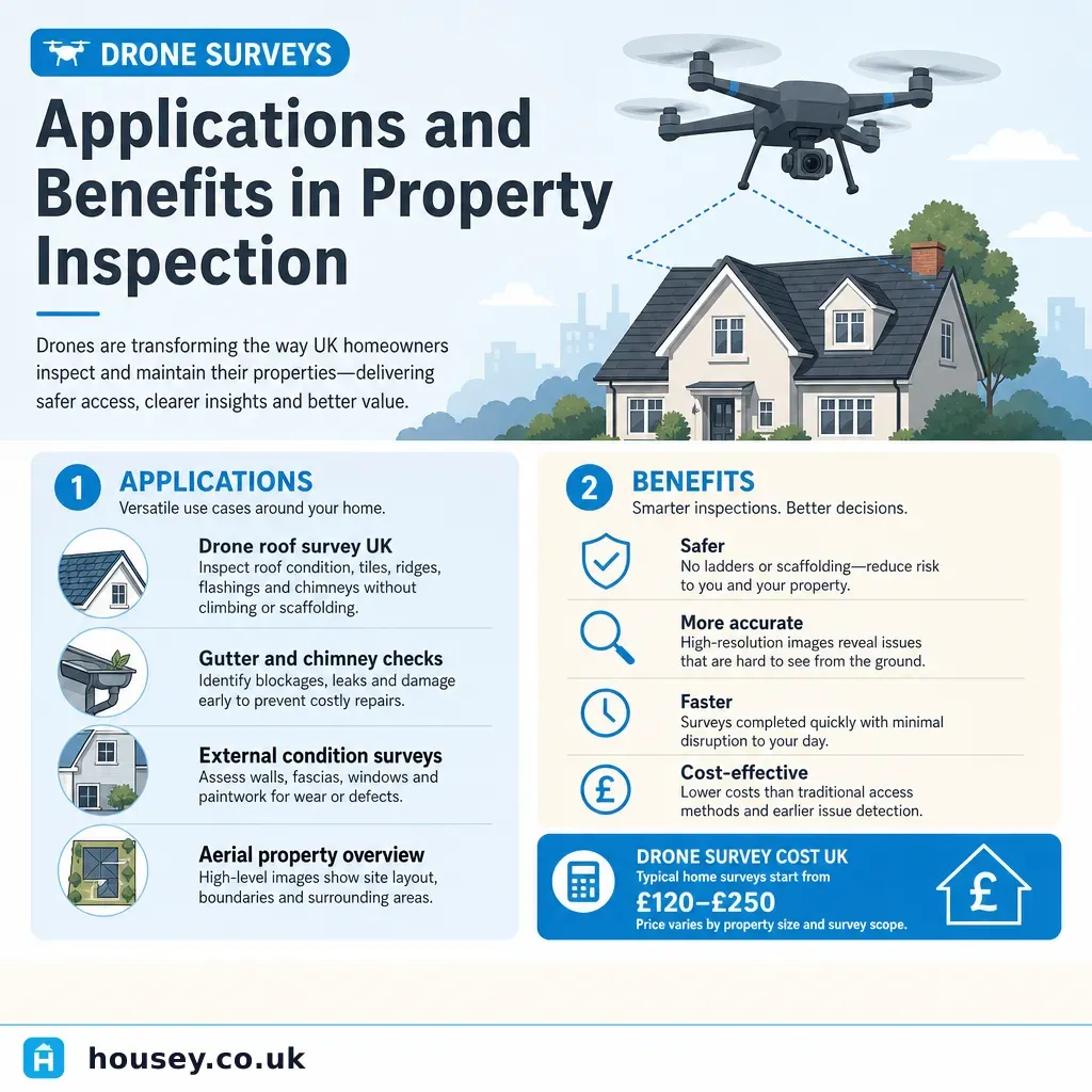 Infographic illustrating: Drone Surveys: Applications and Benefits in Property Inspection