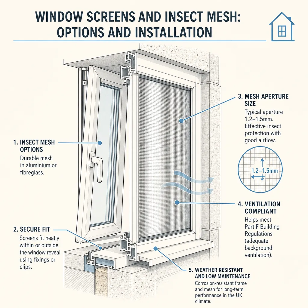 Diagram illustrating: Window Screens and Insect Mesh: Options and Installation