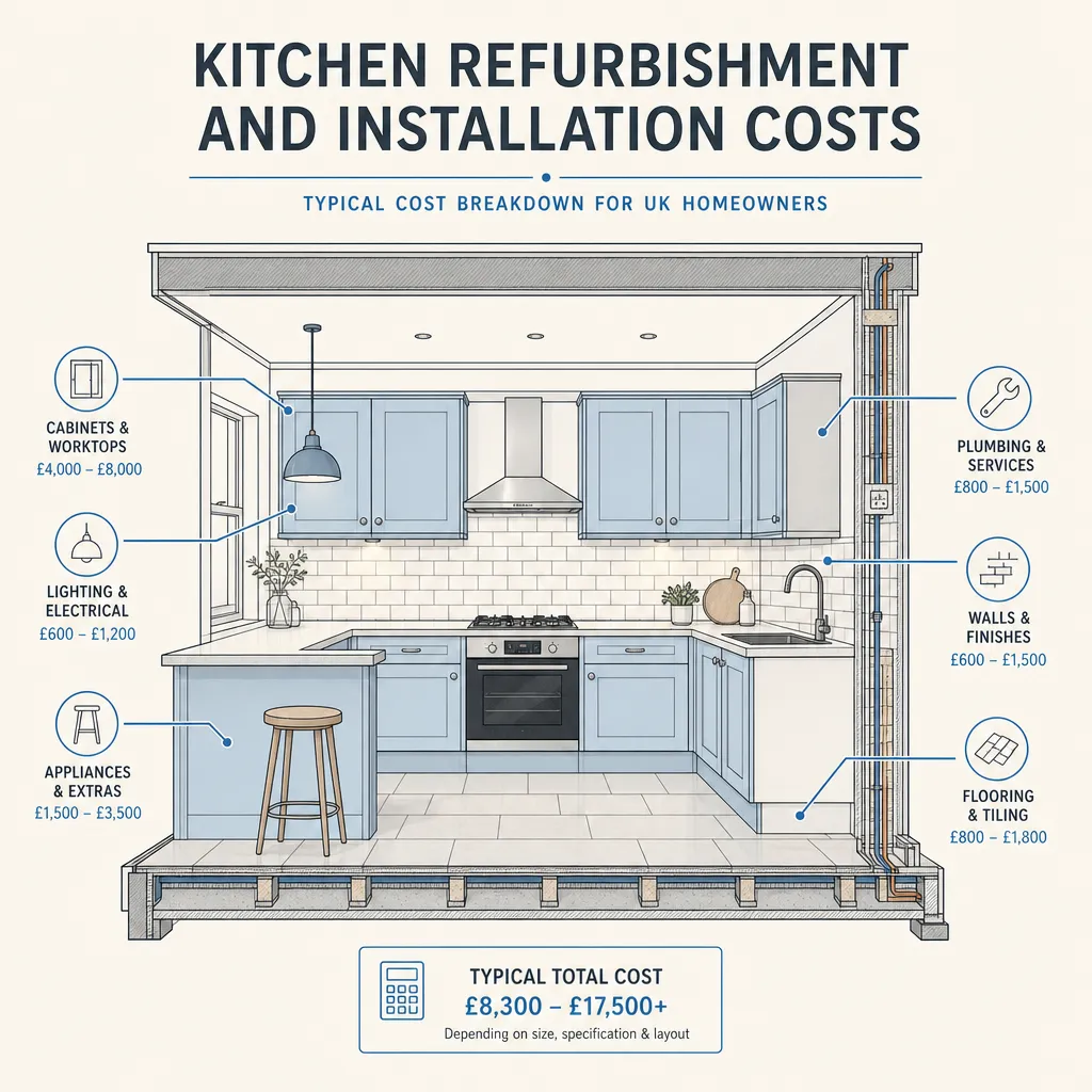 Diagram illustrating: Kitchen Refurbishment and Installation Costs