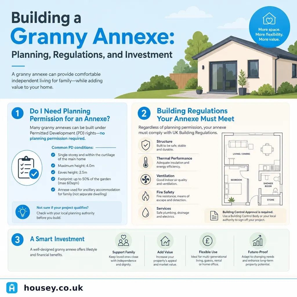 Infographic illustrating: Building a Granny Annexe: Planning, Regulations, and Investment