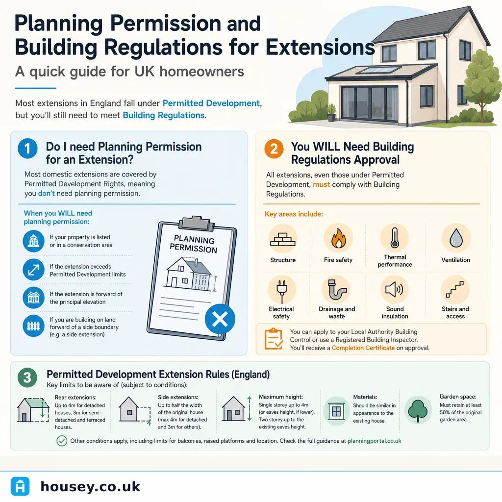 Infographic illustrating: Planning Permission and Building Regulations for Extensions