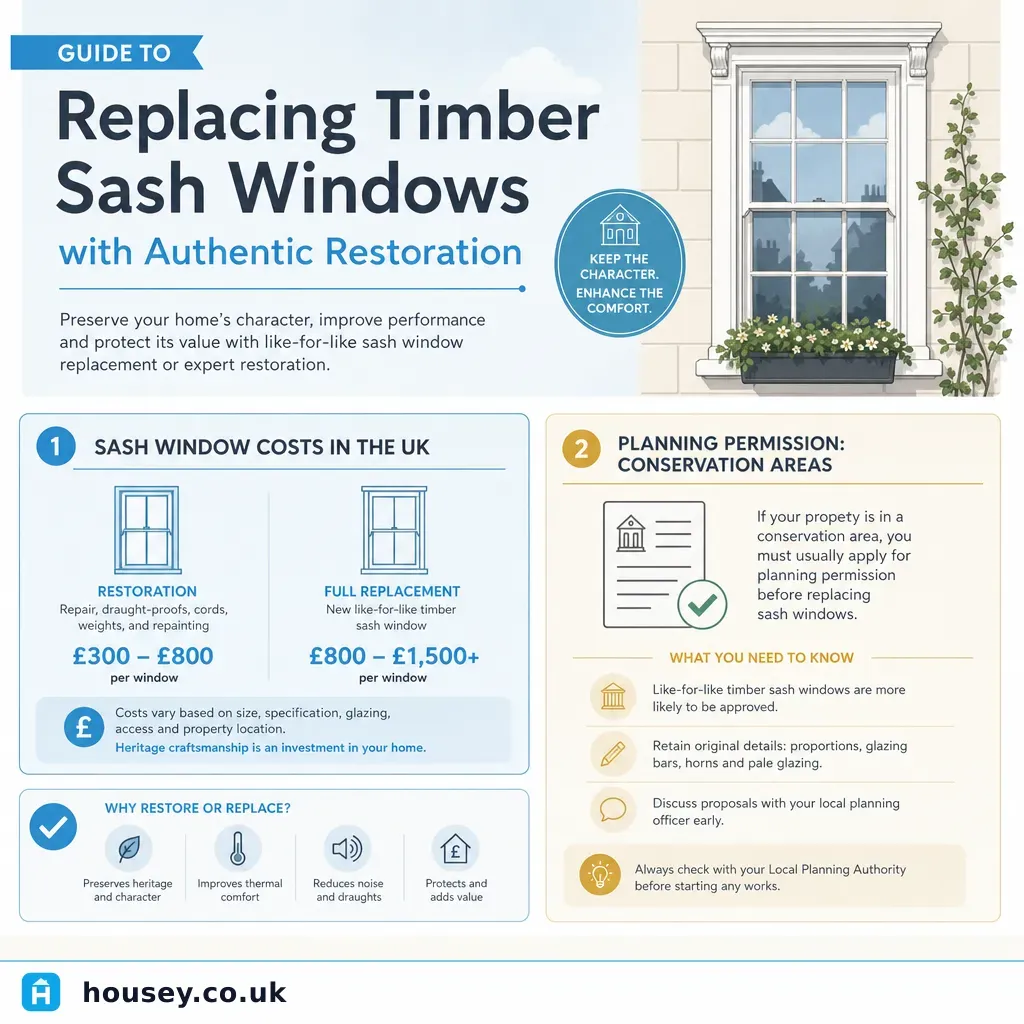 Infographic illustrating: Guide to Replacing Timber Sash Windows with Authentic Restoration