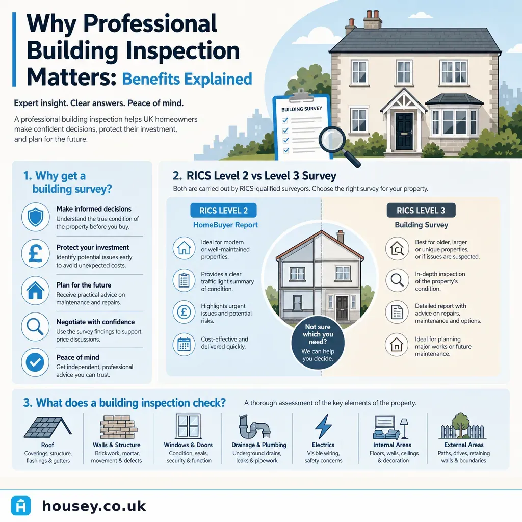 Infographic illustrating: Why Professional Building Inspection Matters: Benefits Explained