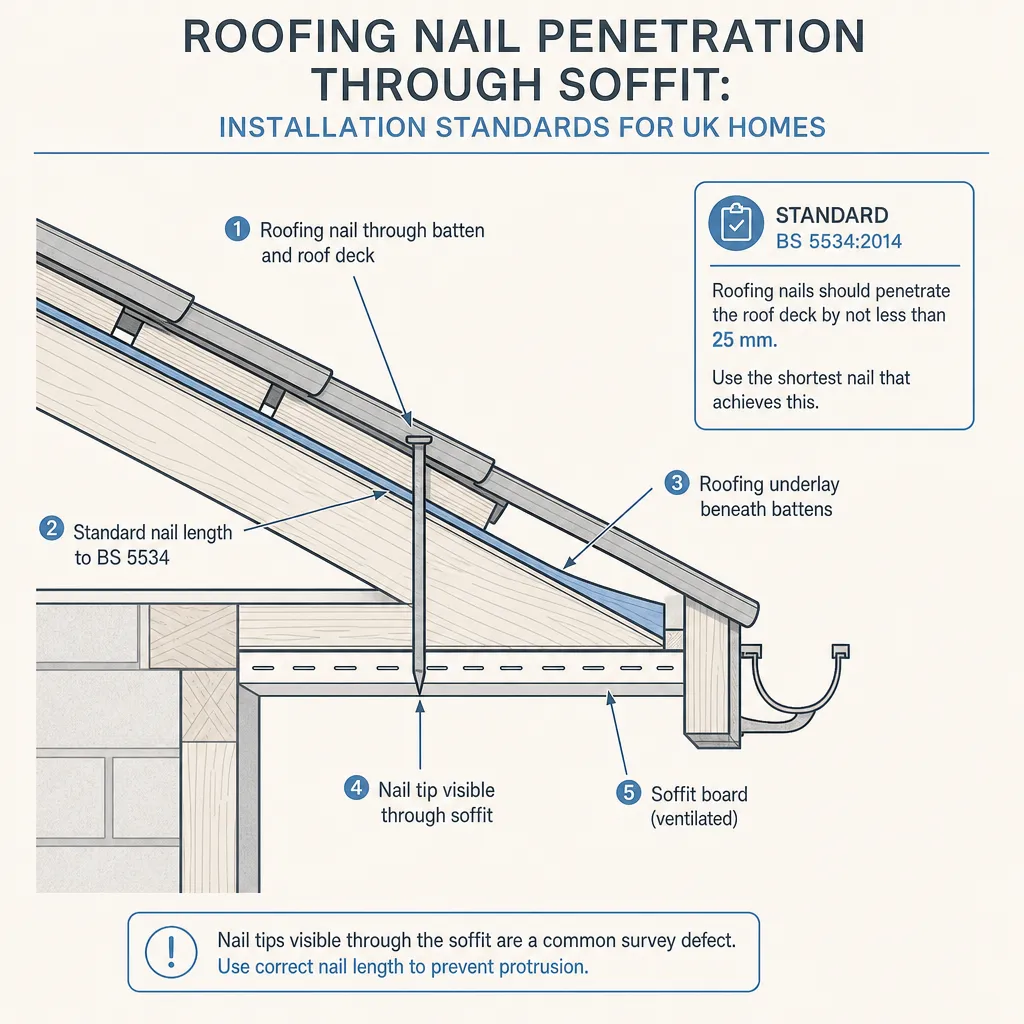 Diagram illustrating: Roofing Nail Penetration Through Soffit: Installation Standards