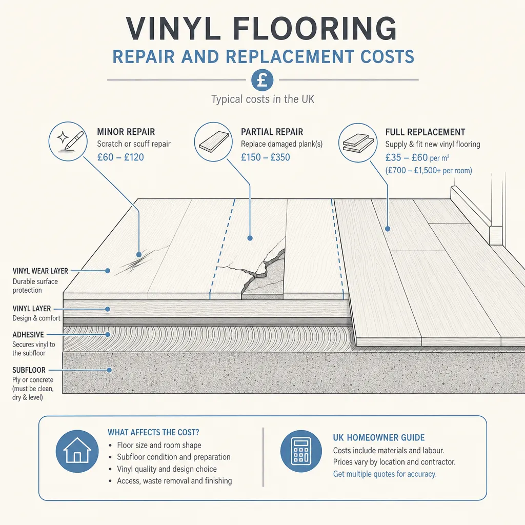 Diagram illustrating: Vinyl Flooring Repair and Replacement Costs