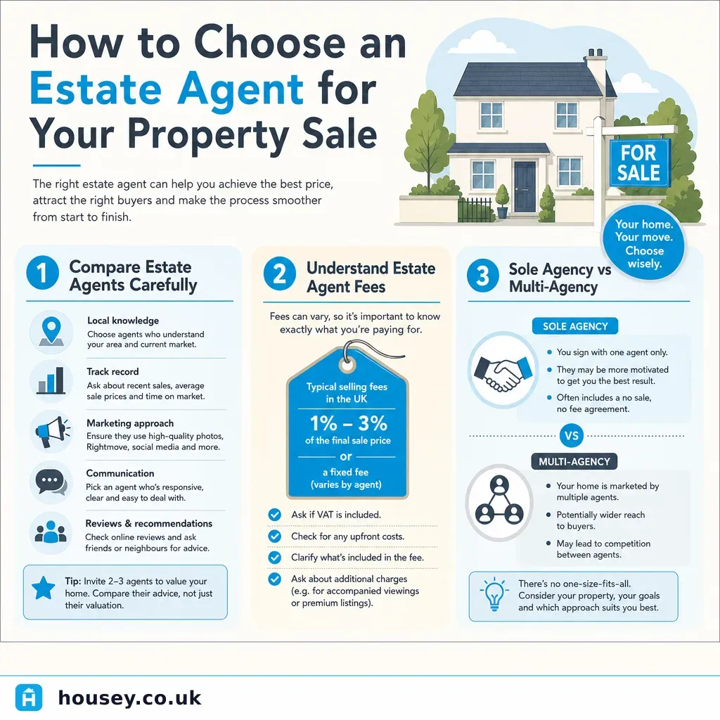 Infographic illustrating: How to Choose an Estate Agent for Your Property Sale