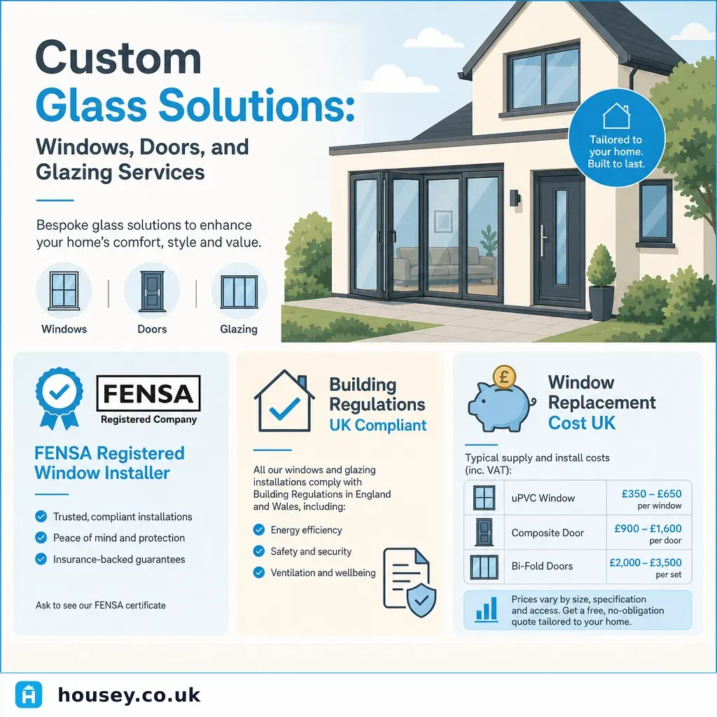 Infographic illustrating: Custom Glass Solutions: Windows, Doors, and Glazing Services