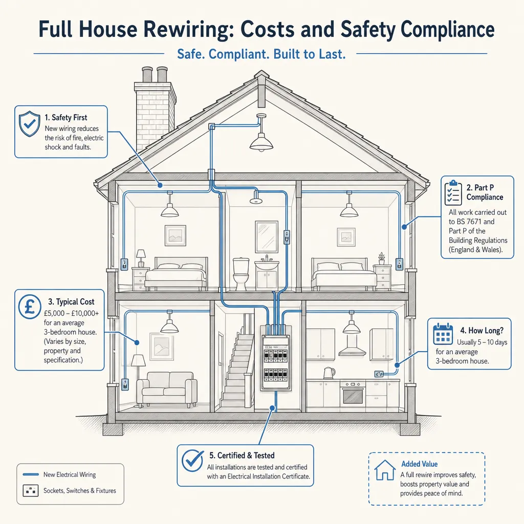 Diagram illustrating: Full House Rewiring: Costs and Safety Compliance