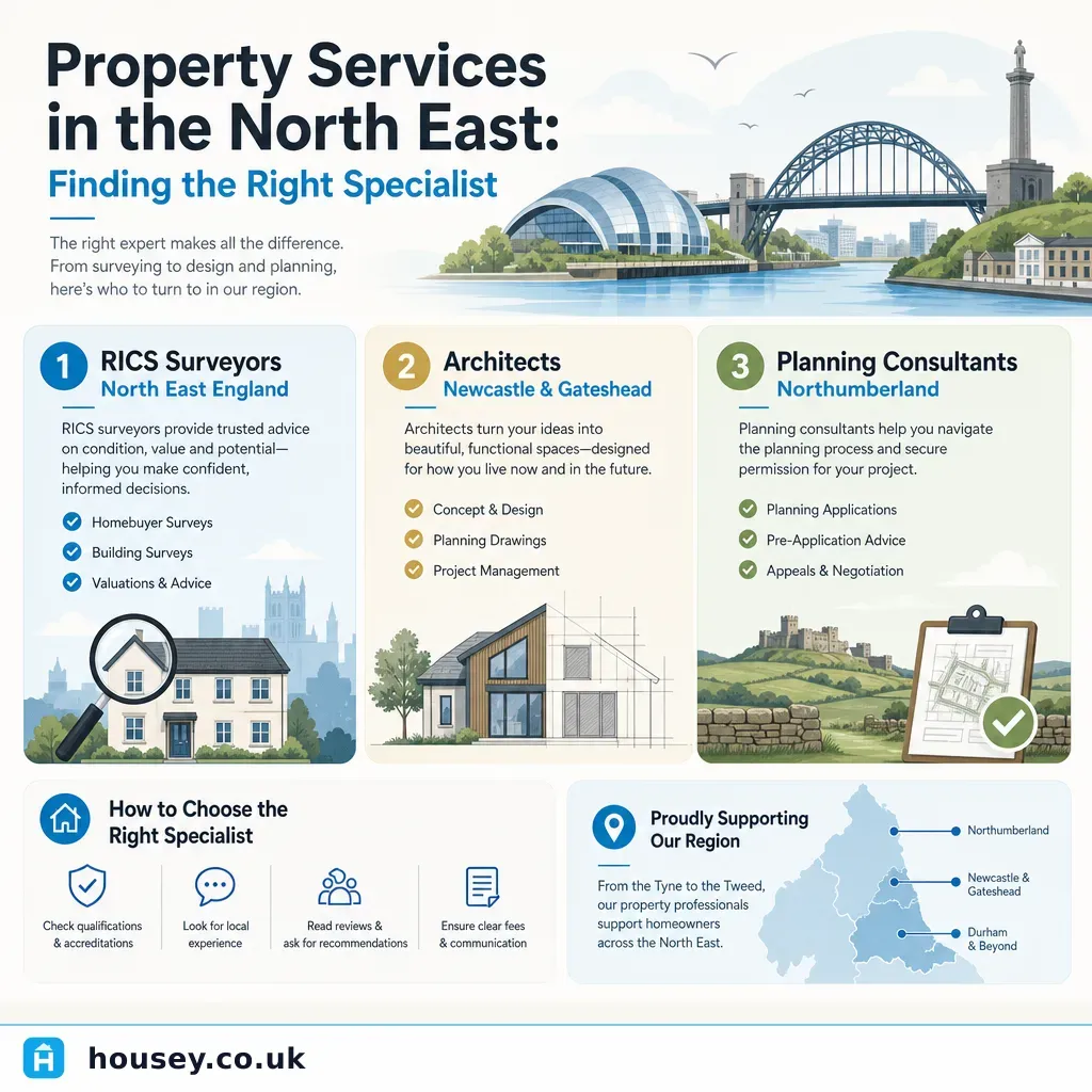 Infographic illustrating: Property Services in the North East: Finding the Right Specialist