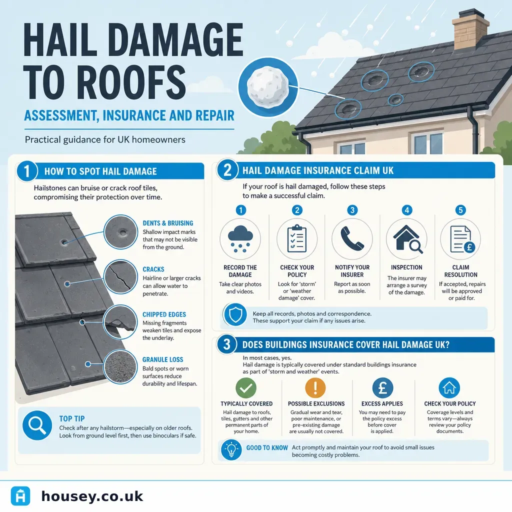 Infographic illustrating: Hail Damage to Roofs: Assessment, Insurance and Repair