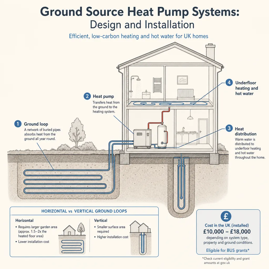 Diagram illustrating: Ground Source Heat Pump Systems: Design and Installation