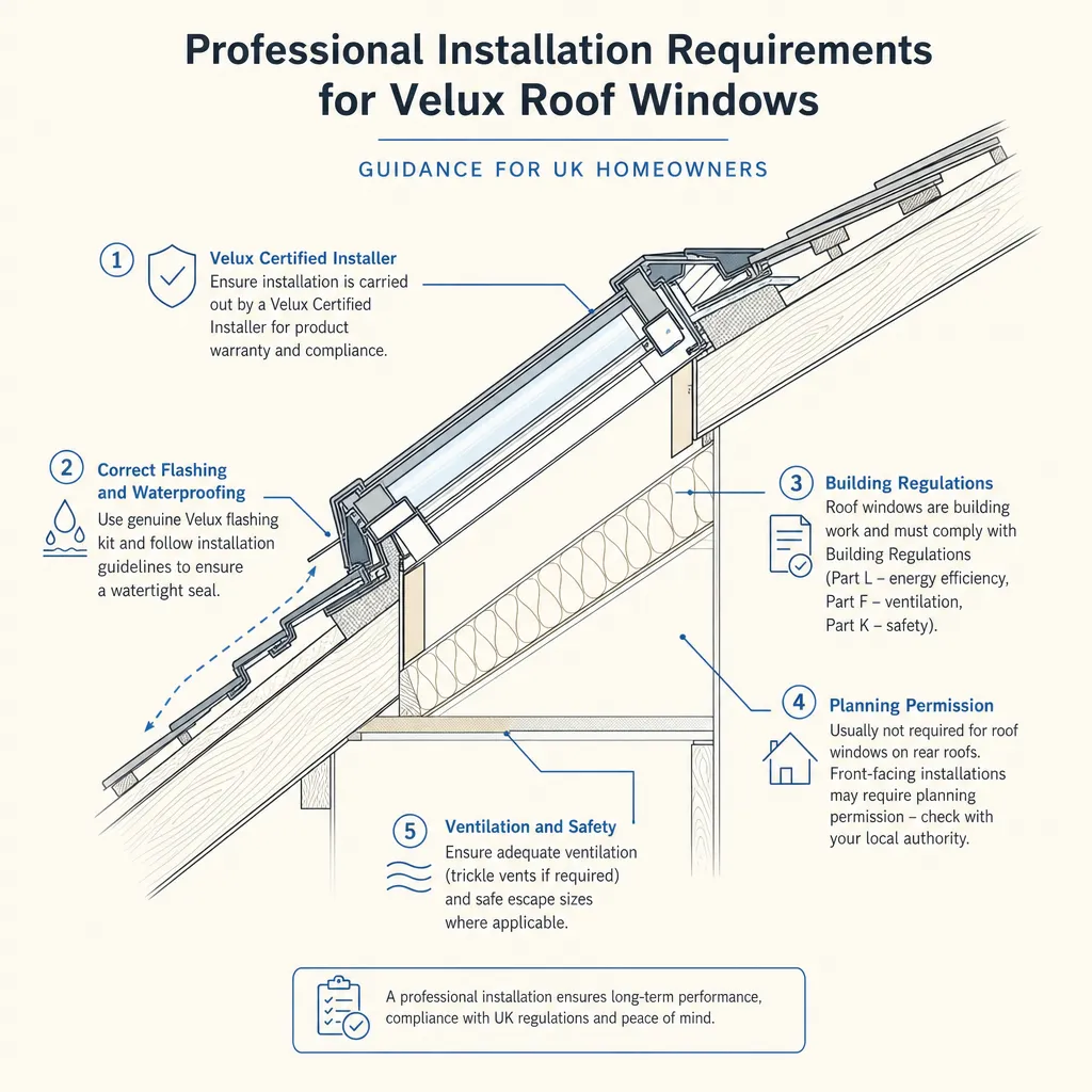 Diagram illustrating: Professional Installation Requirements for Velux Roof Windows
