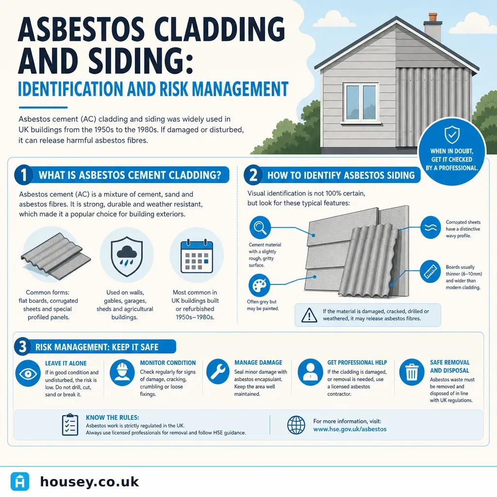 Infographic illustrating: Asbestos Cladding and Siding: Identification and Risk Management