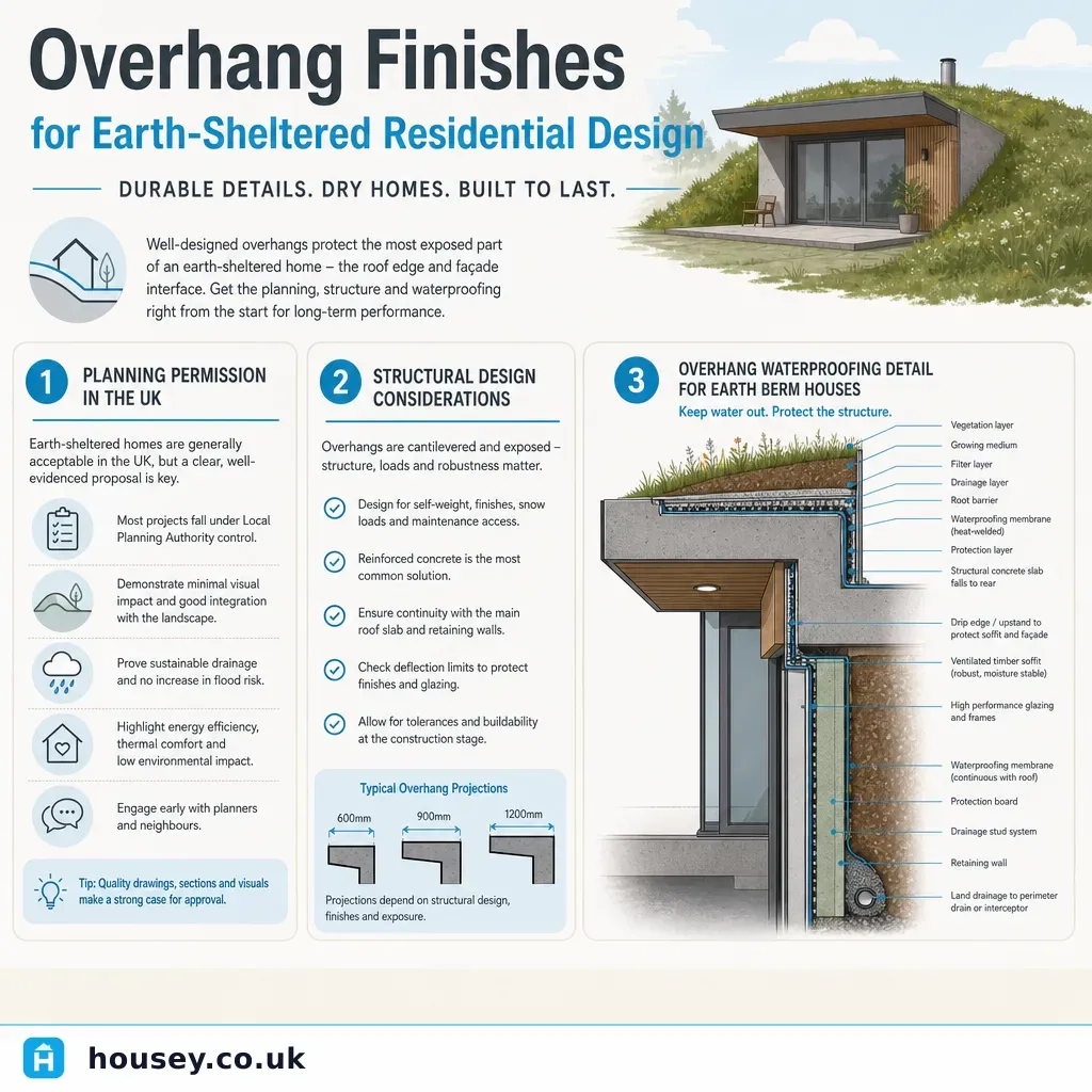 Infographic illustrating: Overhang Finishes for Earth-Sheltered Residential Design