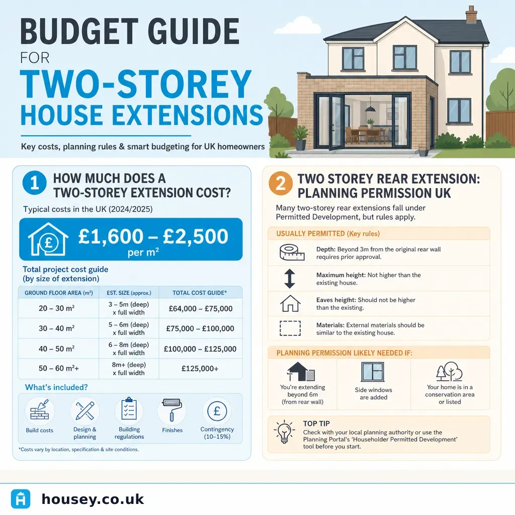 Infographic illustrating: Budget Guide for Two-Storey House Extensions
