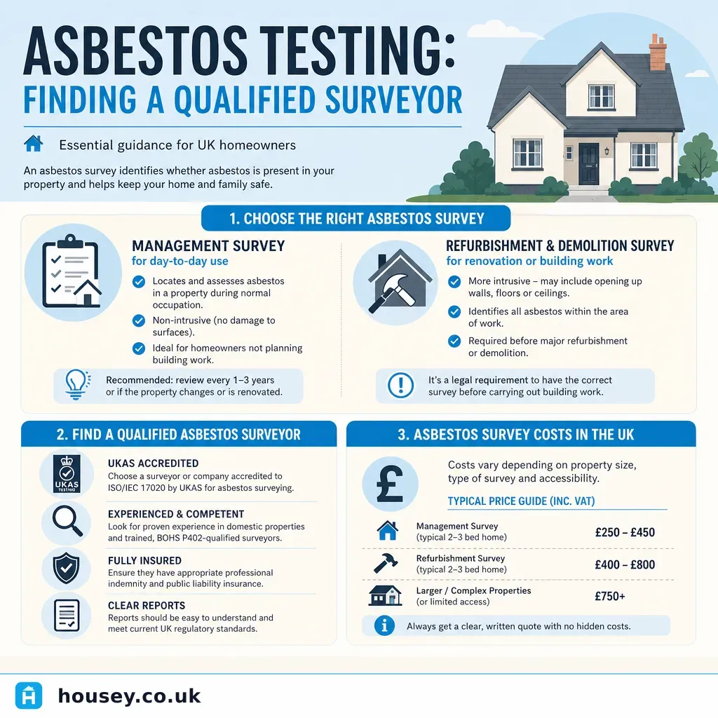 Infographic illustrating: Asbestos Testing: Finding a Qualified Surveyor