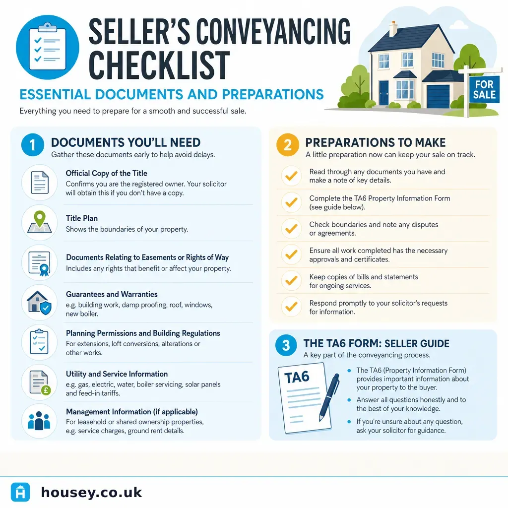 Infographic illustrating: Seller's Conveyancing Checklist: Essential Documents and Preparations