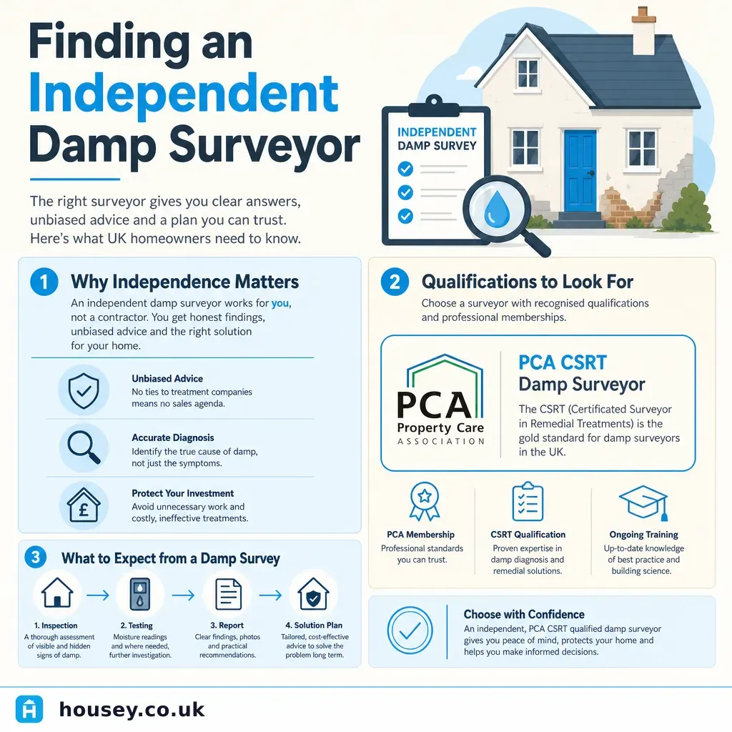 Infographic illustrating: Finding an Independent Damp Surveyor