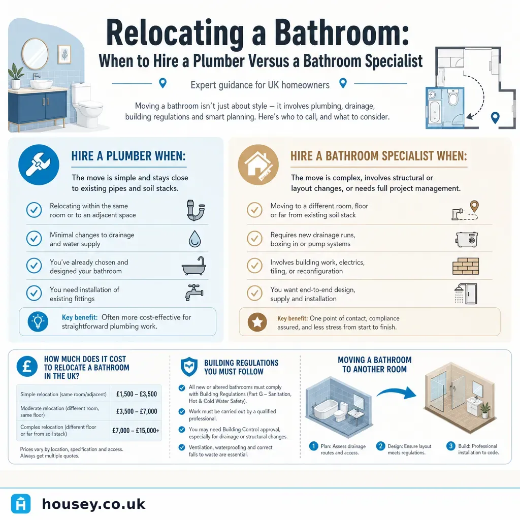Infographic illustrating: Relocating a Bathroom: When to Hire a Plumber Versus a Bathroom Specialist