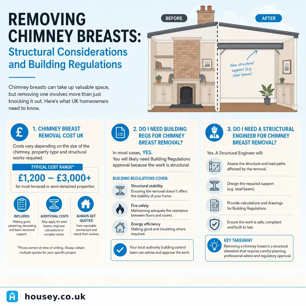 Infographic illustrating: Removing Chimney Breasts: Structural Considerations and Building Regulations