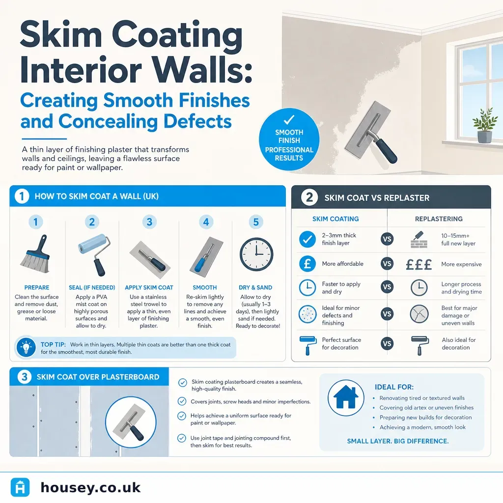 Infographic illustrating: Skim Coating Interior Walls: Creating Smooth Finishes and Concealing Defects