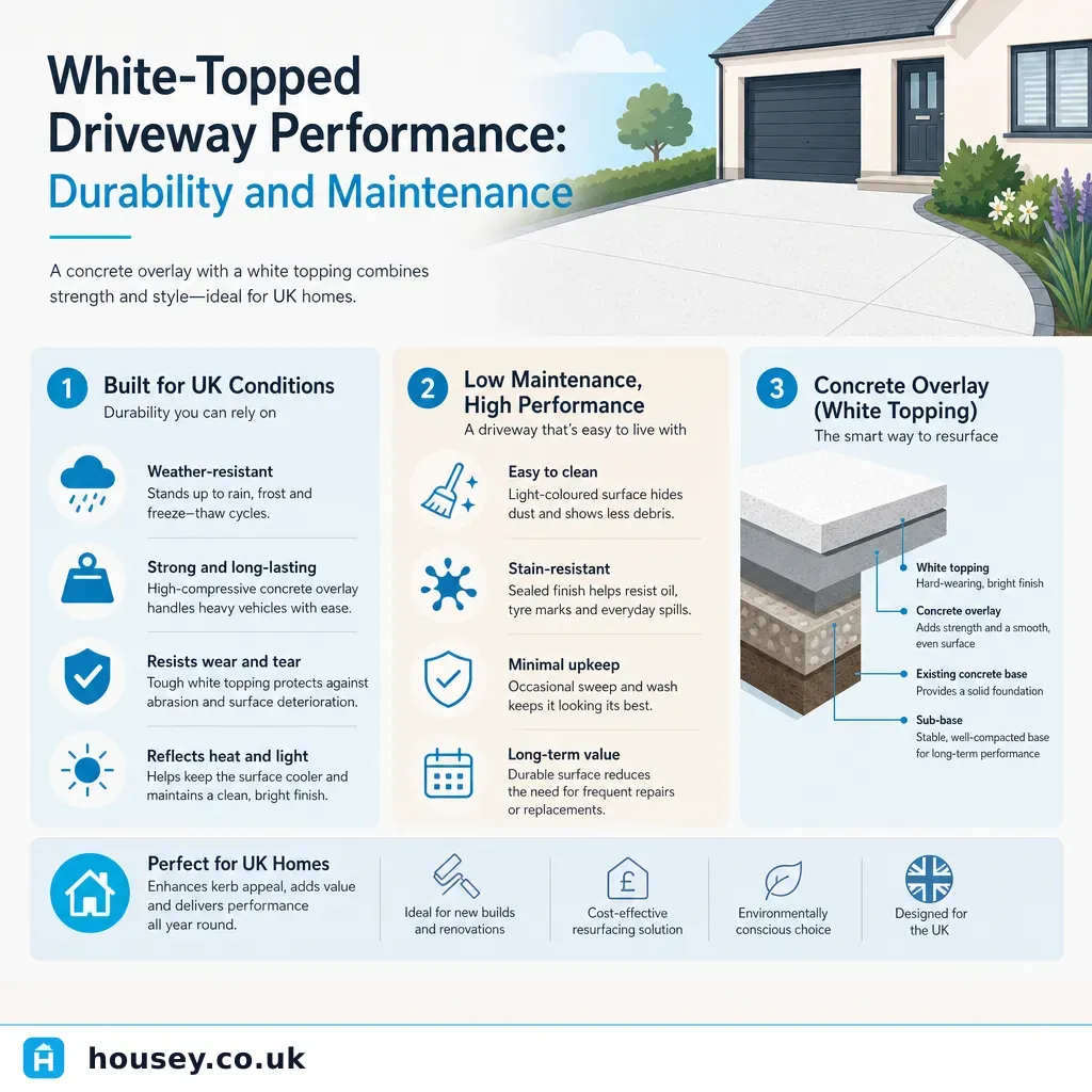 Infographic illustrating: White-Topped Driveway Performance: Durability and Maintenance