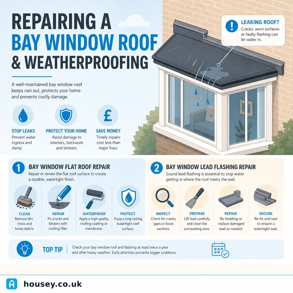 Infographic illustrating: Repairing a Bay Window Roof and Weatherproofing