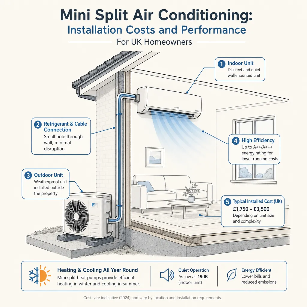 Diagram illustrating: Mini Split Air Conditioning: Installation Costs and Performance
