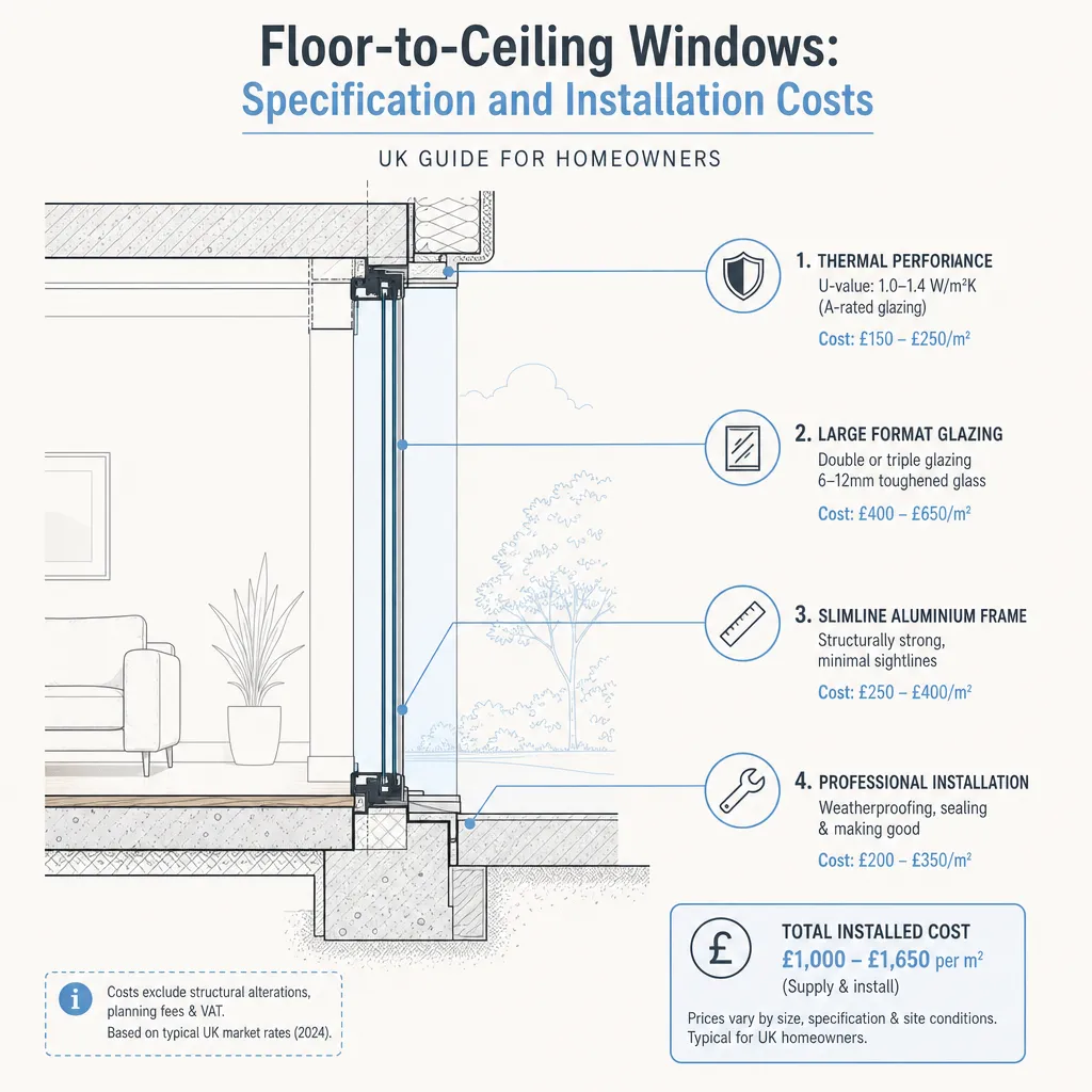 Diagram illustrating: Floor-to-Ceiling Windows: Specification and Installation Costs
