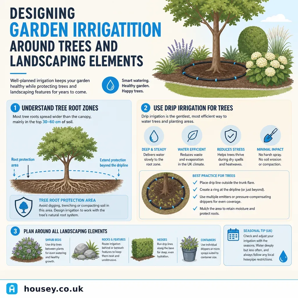 Infographic illustrating: Designing Garden Irrigation Around Trees and Landscaping Elements