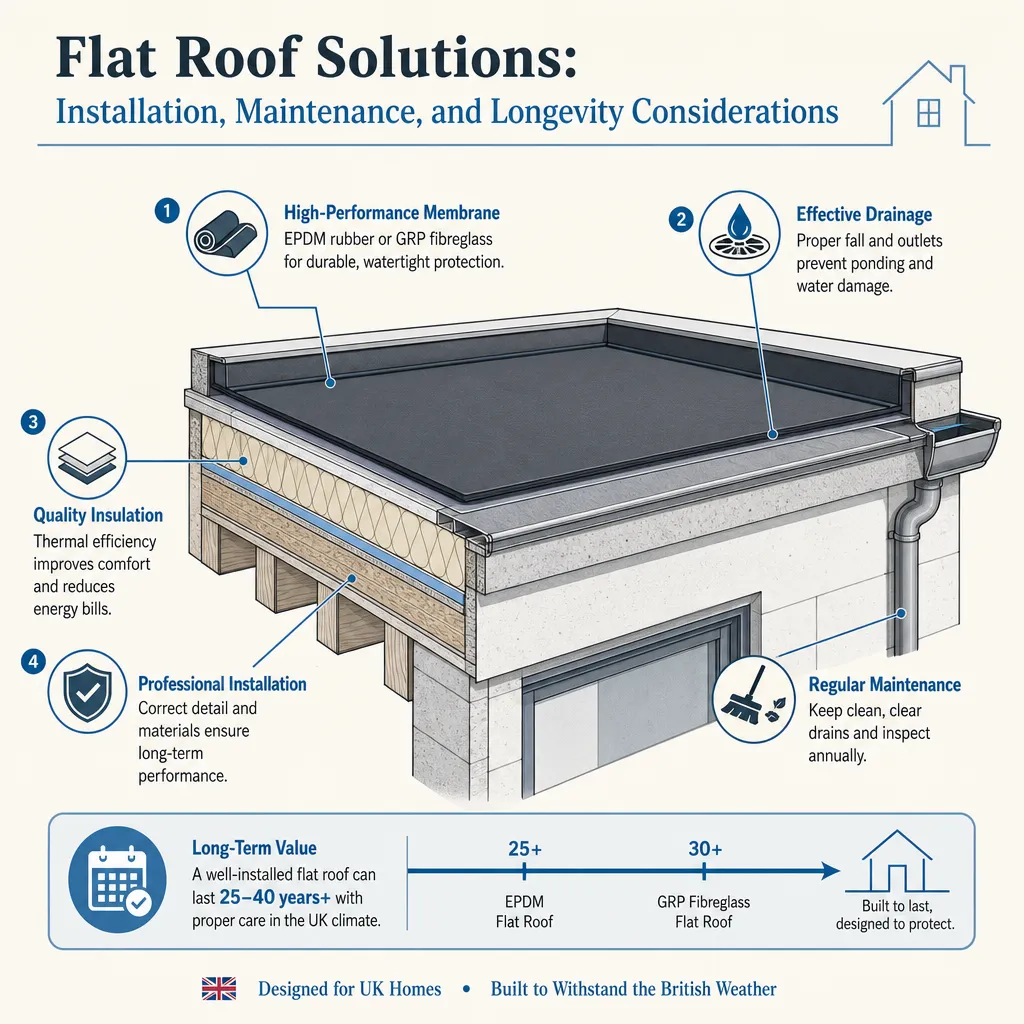 Diagram illustrating: Flat Roof Solutions: Installation, Maintenance, and Longevity Considerations