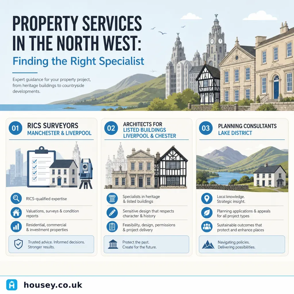 Infographic illustrating: Property Services in the North West: Finding the Right Specialist