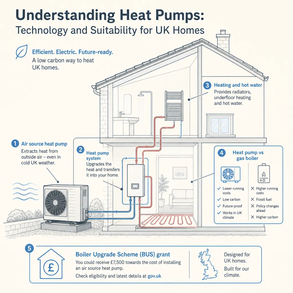 Diagram illustrating: Understanding Heat Pumps: Technology and Suitability for UK Homes