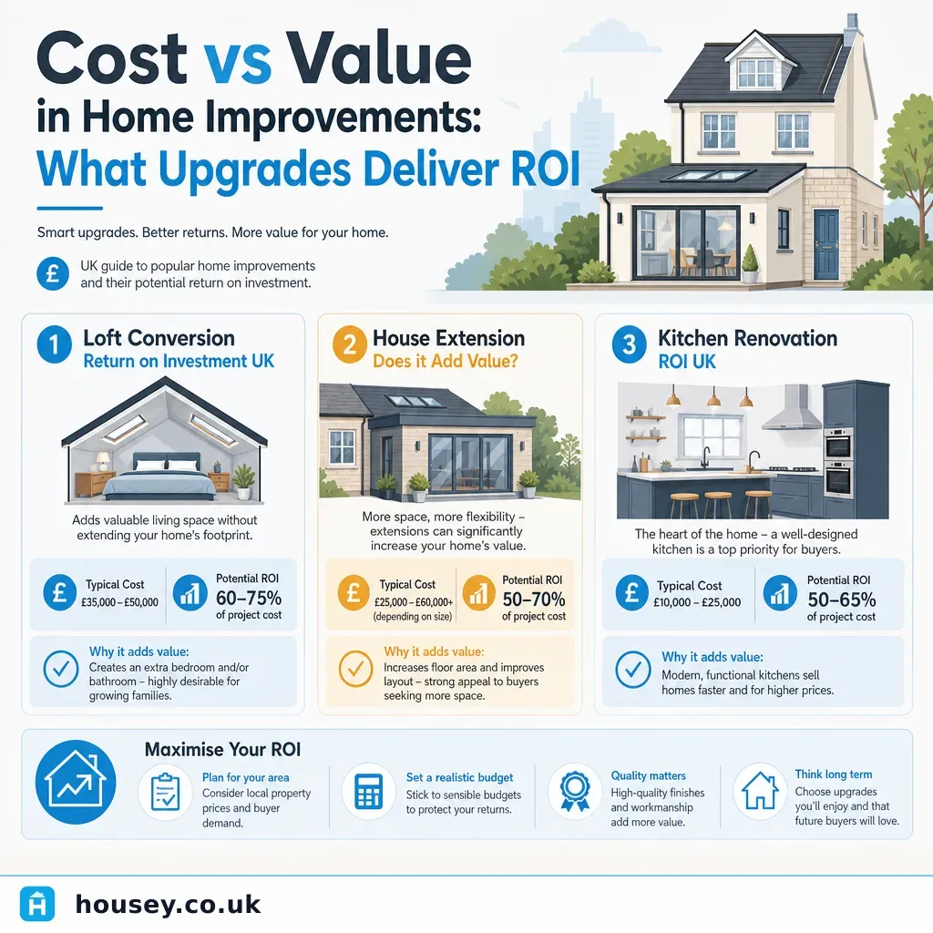 Infographic illustrating: Cost vs Value in Home Improvements: What Upgrades Deliver ROI