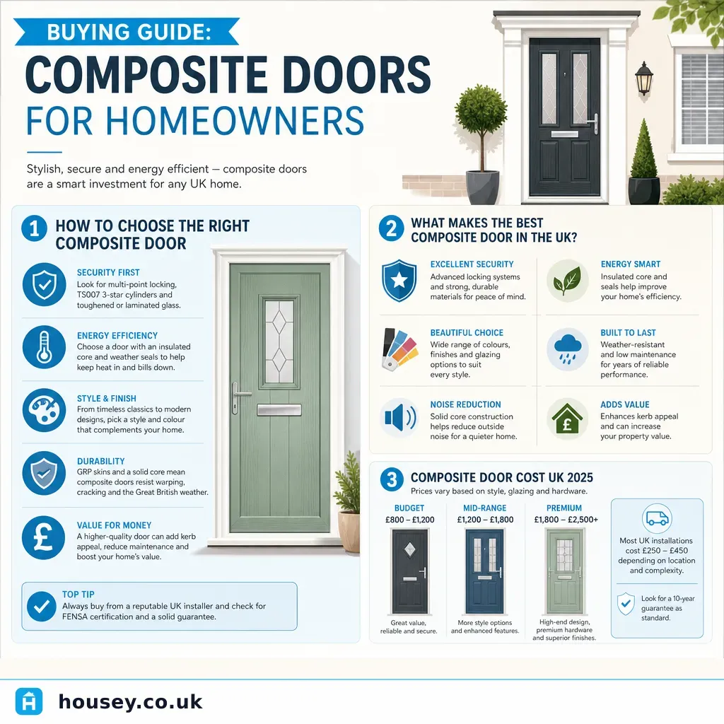 Infographic illustrating: Buying guide: composite doors for homeowners