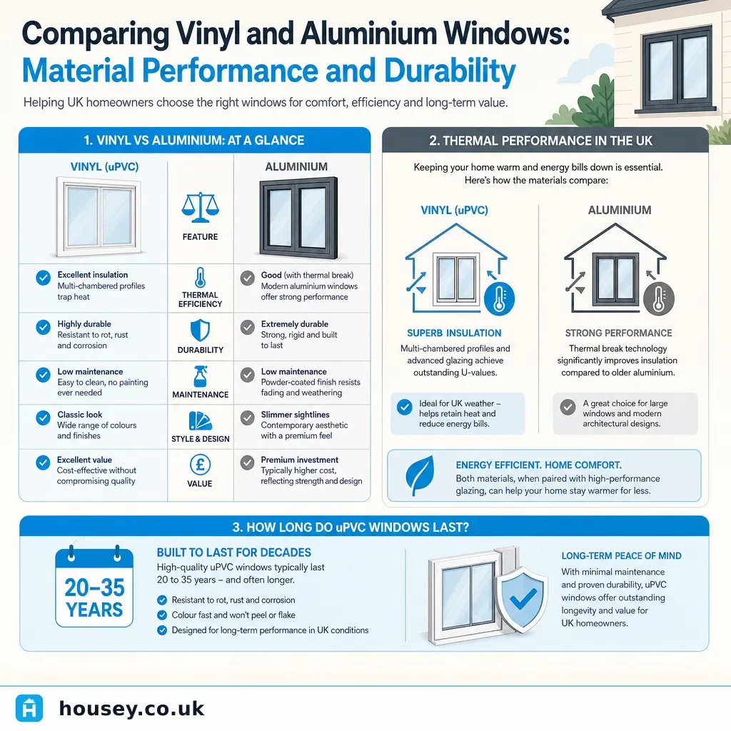 Infographic illustrating: Comparing Vinyl and Aluminium Windows: Material Performance and Durability