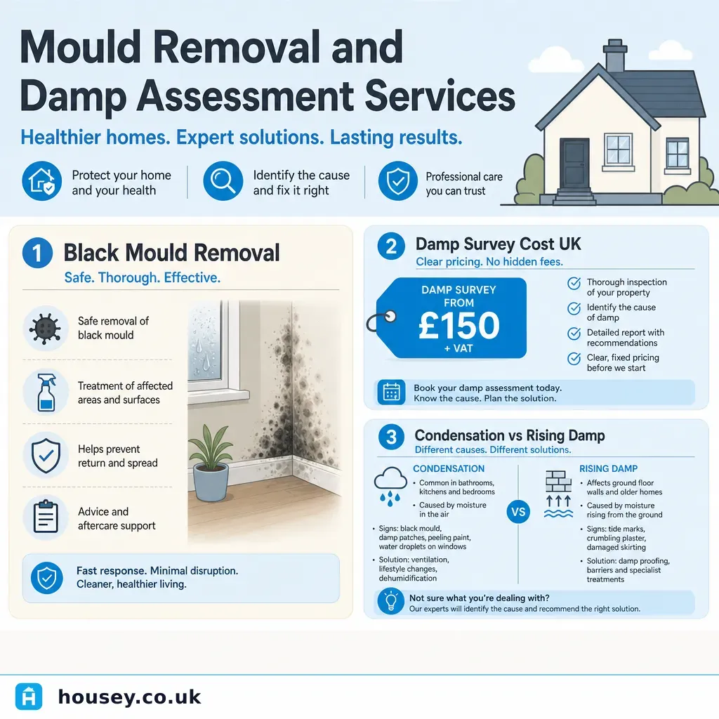 Infographic illustrating: Mould Removal and Damp Assessment Services