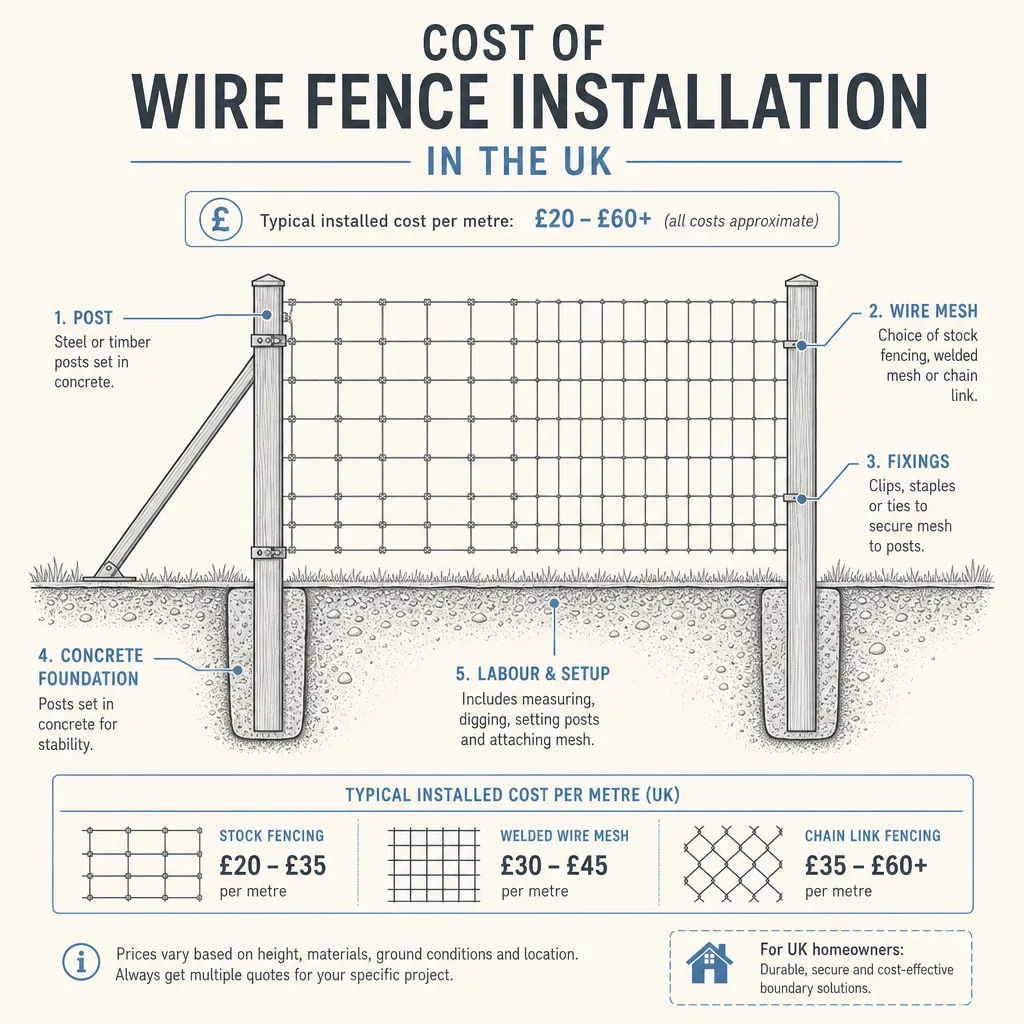 Diagram illustrating: Cost of Wire Fence Installation in the UK