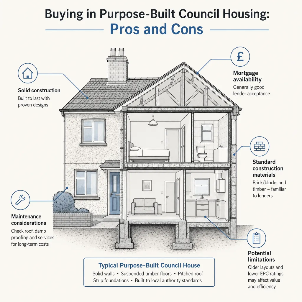 Diagram illustrating: Buying in Purpose-Built Council Housing: Pros and Cons