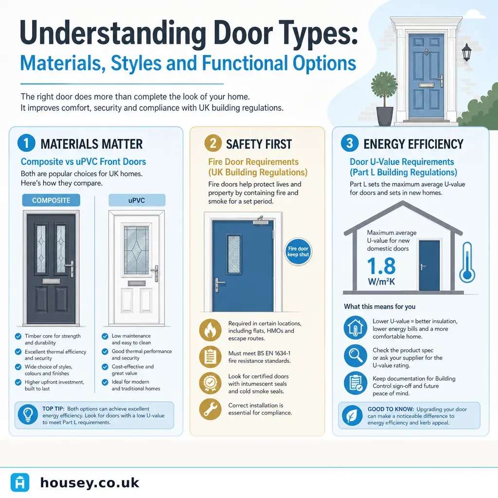 Infographic illustrating: Understanding Door Types: Materials, Styles and Functional Options